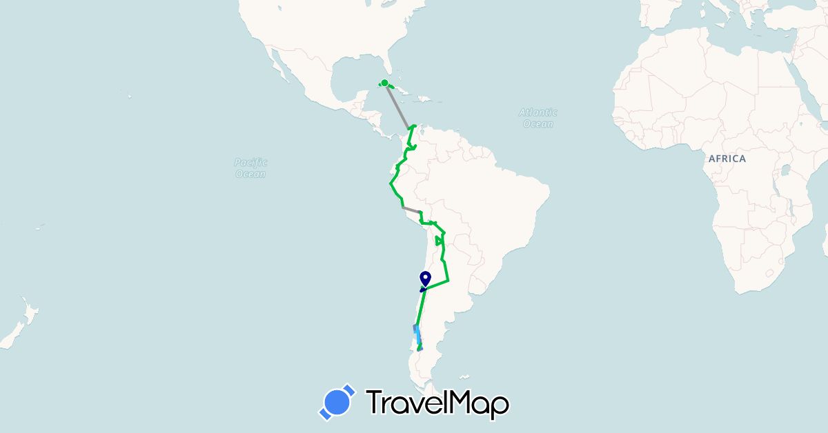 TravelMap itinerary: driving, bus, plane, cycling, train, hiking, boat in Argentina, Bolivia, Chile, Colombia, Cuba, Ecuador, Peru (North America, South America)